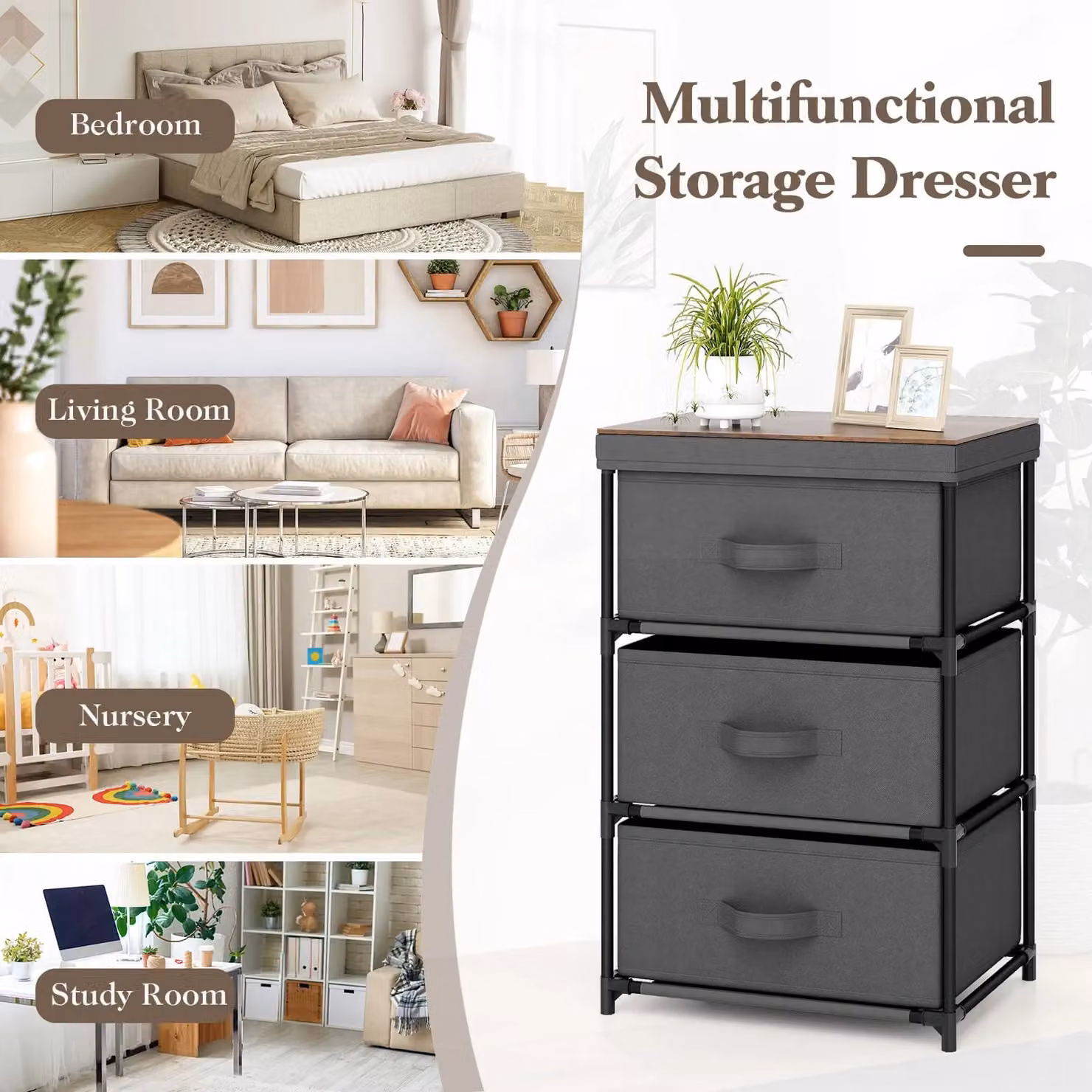 Gymax 2 Pack 3-Tier Fabric Dresser Nightstand Organiser Unit with 3 Drawers in Grey – 6