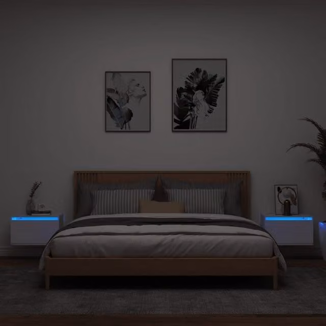 Berkfield Home Set of 2 White Wall-mounted Bedside Cabinets with Integrated LED Lighting