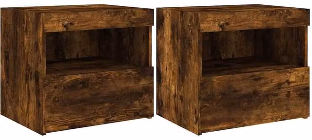 Berkfield Home Set of 2 Modern Bedside Cabinets with Integrated LED Lights in Smoked Oak Brown, W/D/H: 50 x 40 x 45 cm