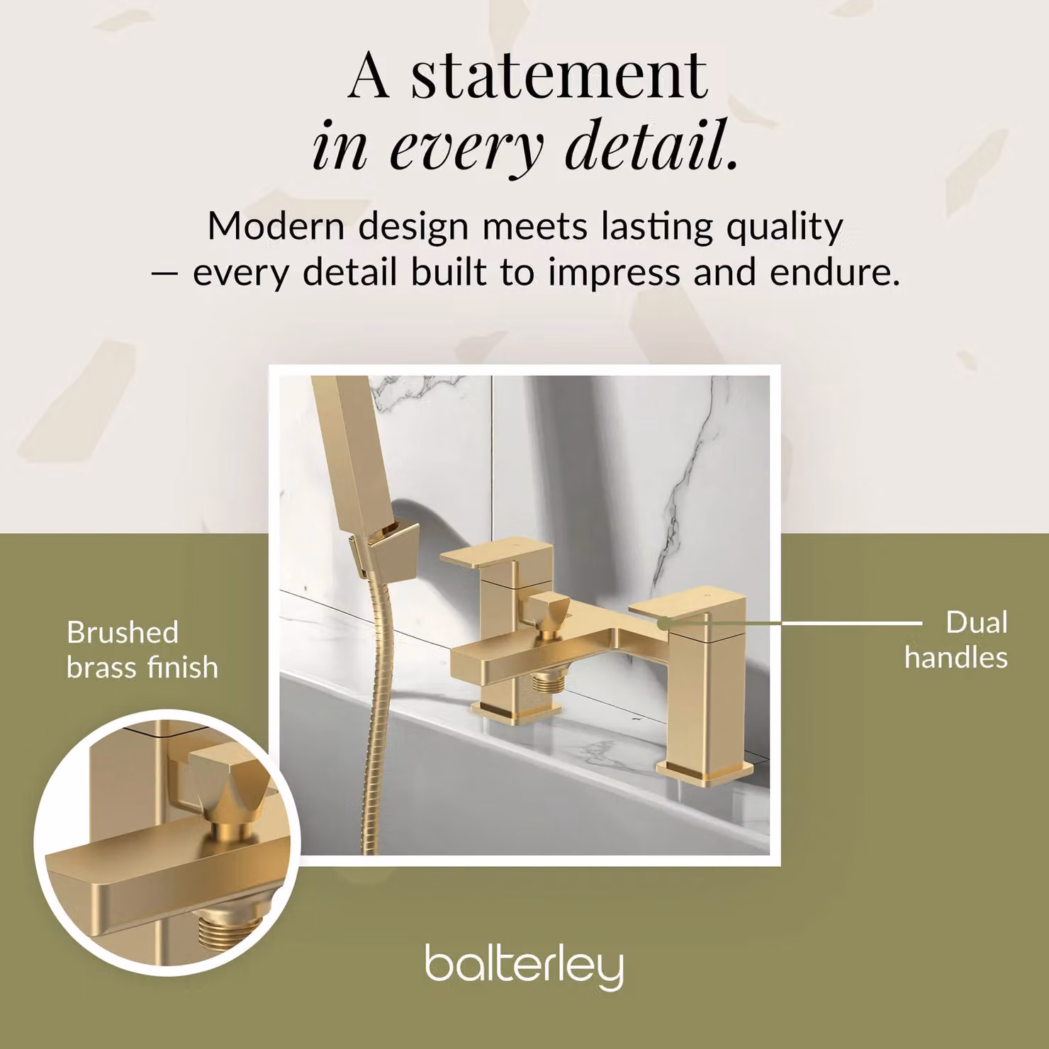 Balterley Square Dual Lever Bath Shower Mixer Tap and Shower Kit in Brushed Brass – 3