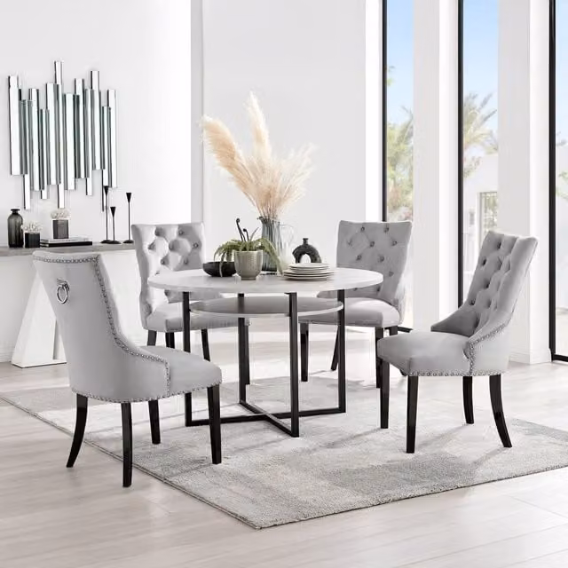 FurnitureboxUK Adley Grey Concrete Effect Round Storage Dining Table and 4 Belgravia Black Leg Chairs