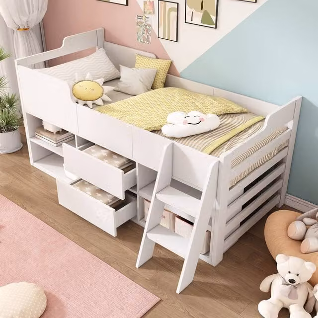 Merax Single Wood Mid Sleeper Bed with Storage Drawers and Shelves, White, W/D/H: 90 x 190 cm