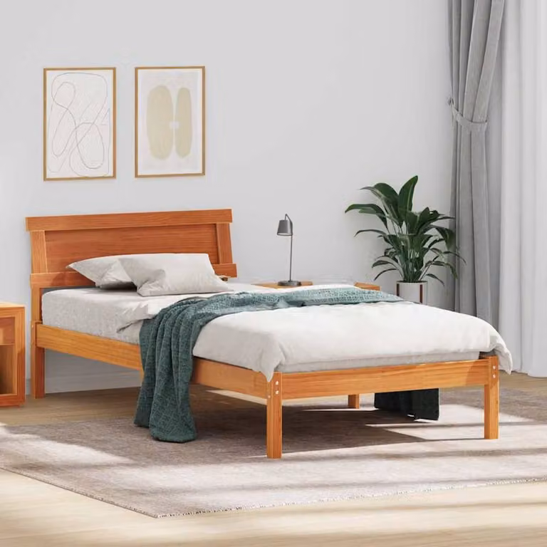 Berkfield Home Solid Pine Bed with Headboard and LED Strip Lights, Wax Brown, W: 90 cm, D: 200 cm, H: 73 cm