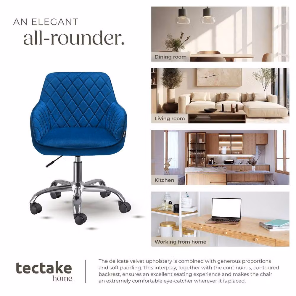 TECTAKE Nancy Modern Blue Velvet Upholstered Swivel Task Chair with Armrests and Castors – 7