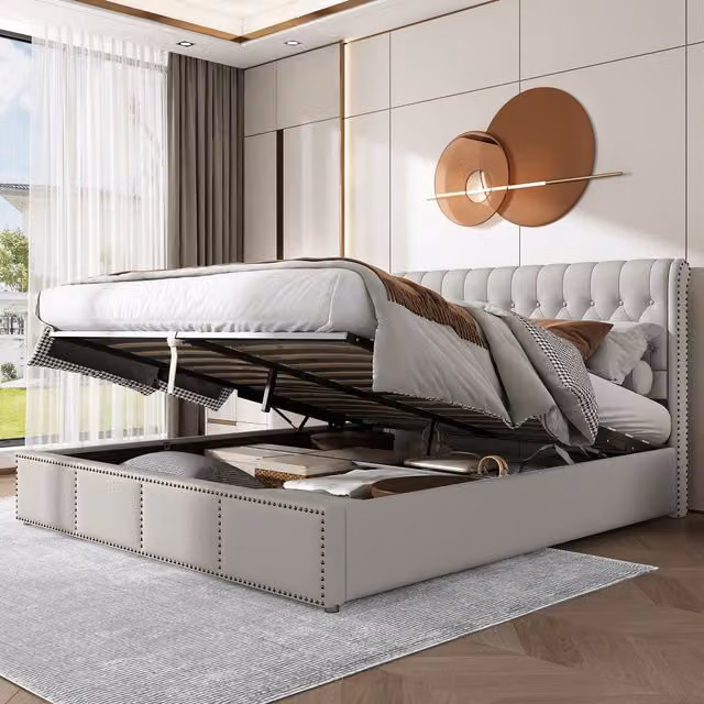 Matteo Upholstered Fabric Bed in Grey with Hydraulic Lift Storage, W/D/H: 150 x 200 x 102.5 cm