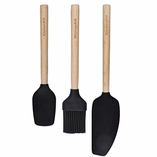 KitchenAid 3-Piece Bamboo and Silicone Baking Set with Spoon Spatula, Pastry Brush and Mixer Spatula in Black and Brown – 1