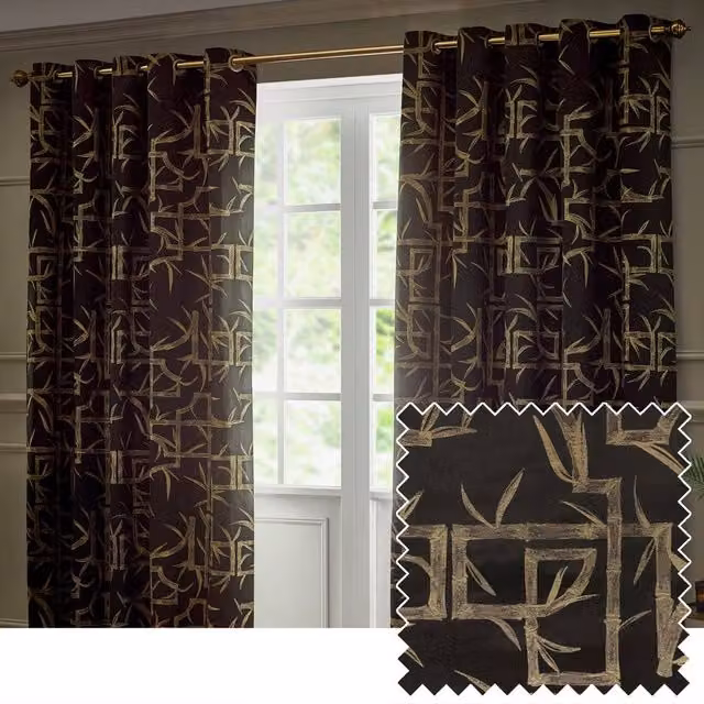Paoletti Bamboo Black Jacquard Eyelet Curtain Pair, Width: 229 cm, Drop: 137 cm