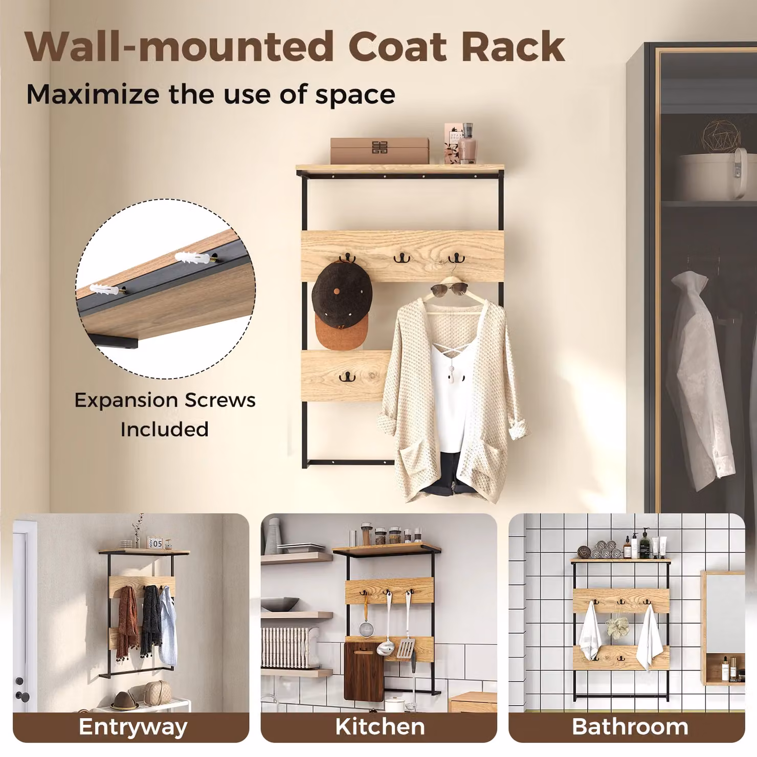 Costway Natural Wooden Wall Mounted Entryway Coat Rack and Shelf with Metal Hooks – 2