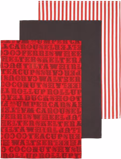 Orsina Set of Three Carnival Graphic Cotton Tea Towels in Red and Multicolour