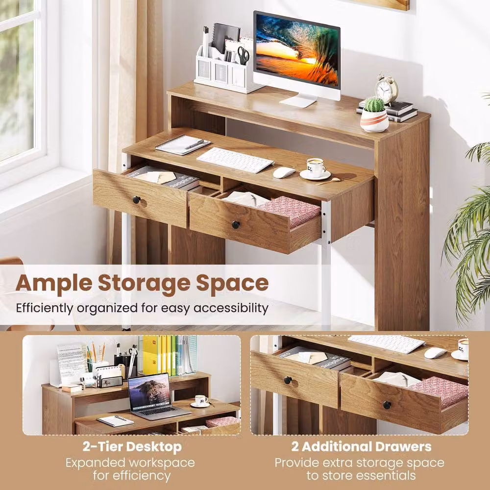 Costway Extendable Modern Computer Desk with Drawers and Castors in Brown – 3