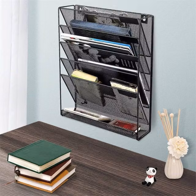 Nordara Wall Mounted 6-Tier Magazine File Holder Rack in Matt Black Metal