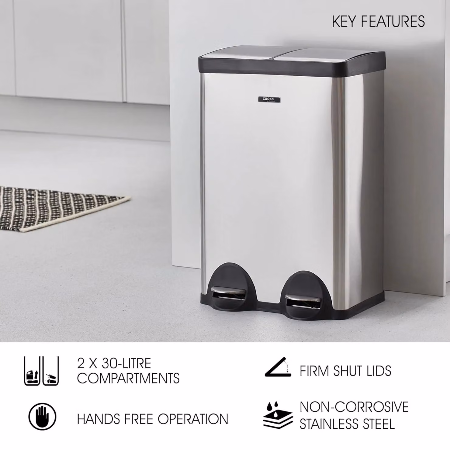 Cooks Professional Dual Pedal Bin 60L with 2 Compartments and Soft Close Lids in Silver – 4