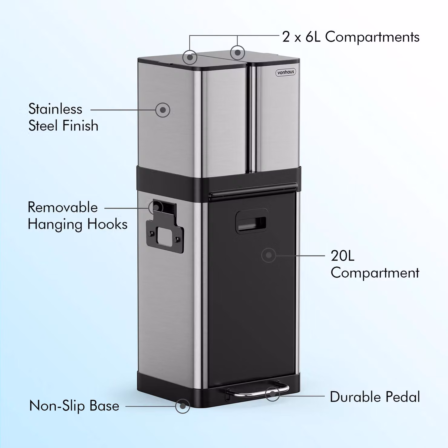 VonHaus 32L 3 Compartment Kitchen Waste and Recycling Pedal Bin in Silver – 5