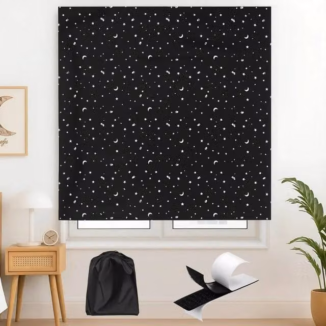 FLAVORA Adhesive Blackout Blinds in Black, Thermal Insulating Polyester, W/H: 200 x 145 cm