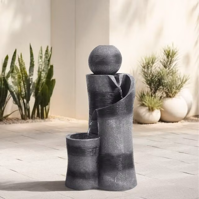 Lifeideas Solar-Powered Freestanding Outdoor Fountain with LED Lights, Grey, Diameter: 26 cm