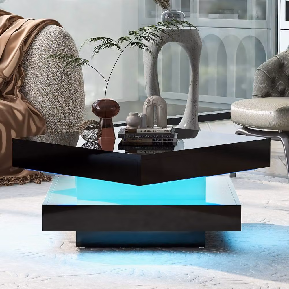 STILVORA Modern Black Glossy Square Coffee Table with Rotating Top and LED Lights W/D/H: 70 x 70 x 36 cm – 2
