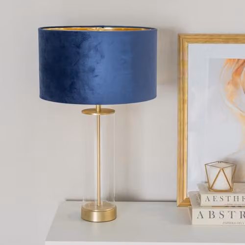 ValueLights Balan Table Lamp with Matt Gold and Clear Glass Tube and Blue Velvet Inner Shade – 2