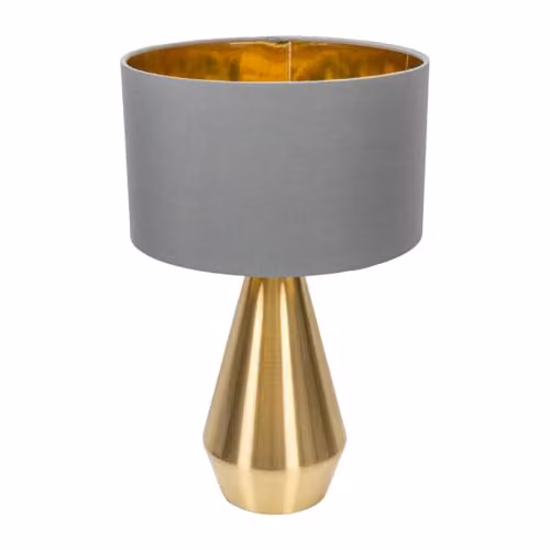 ValueLights Jax Antique Brass Touch Table Lamp with Grey and Gold Fabric Cylinder Shade, H: 41.0 cm x W: 25.0 cm x D: 25.0 cm