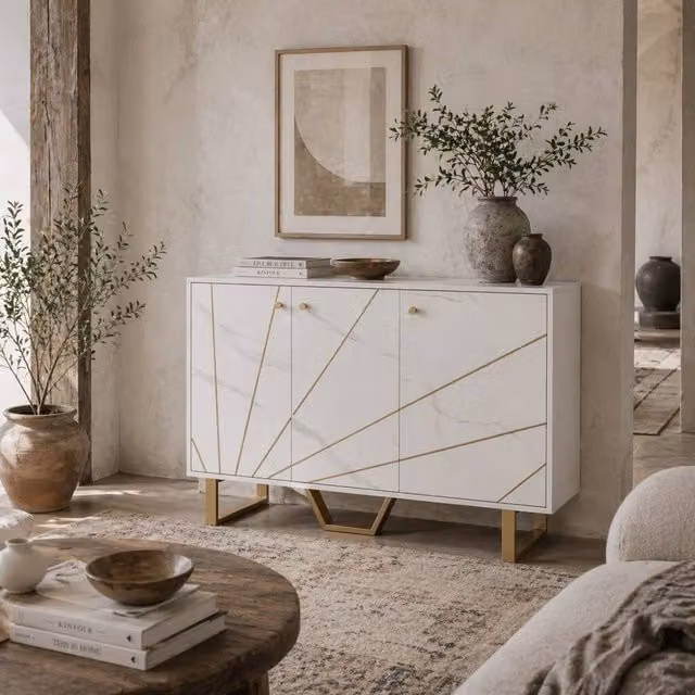 Wyld Haus Vekeba Coso Sideboard with 3 Doors, White Marble Tone and Gold Legs, W: 107 cm – 1