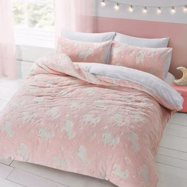 Velosso Glow In The Dark Teddy Unicorn Duvet Cover and Pillowcase Set, Pink, Double (200 x 220 cm)