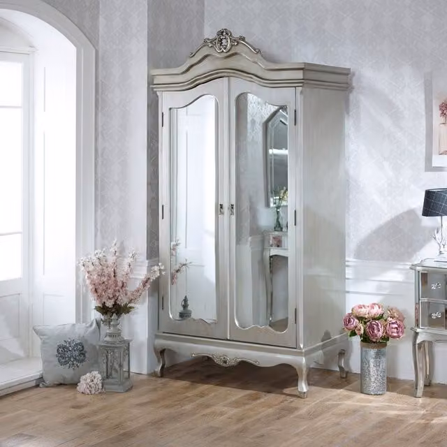 Melody Maison Silver Mirrored Double Wardrobe with Glass Doors and Hanging Rod