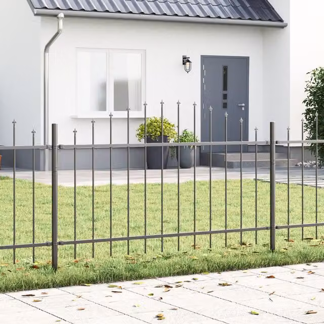 Berkfield Home Grey Powder-Coated Steel Garden Fence with Round Hoop Top, W: 11.9 m, H: 1 m