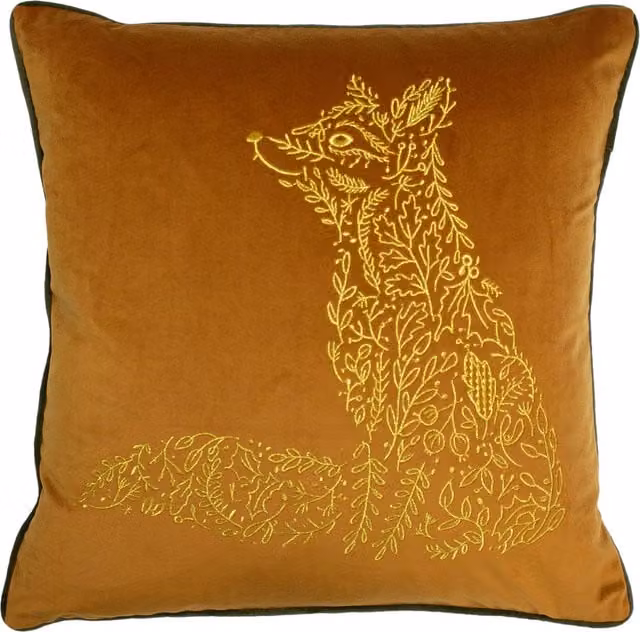 Make it a Home Forest Fauna Fox Velvet Piped Square Cushion in Rust and Gold with Feather Filling