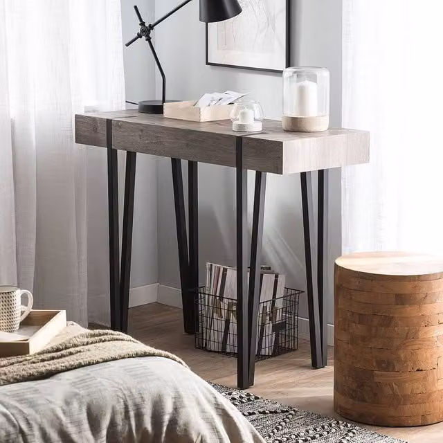 Wyld and Coco Urban Loft Console Table with Dark Brown Top and Black Metal Hairpin Legs, W: 100 cm, D: 40 cm, H: 81 cm