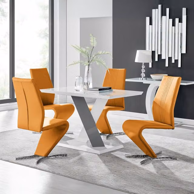 Furniturebox Monza White High Gloss Rectangular Dining Table with 4 Willow Chairs in Mustard