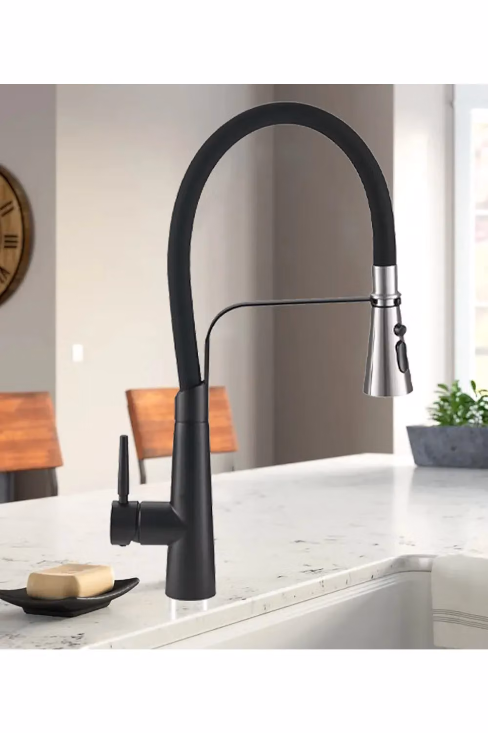 Living and Home Matt Black Stainless Steel Flexible Pull-Down Kitchen Faucet with Pull Out Spout – 3