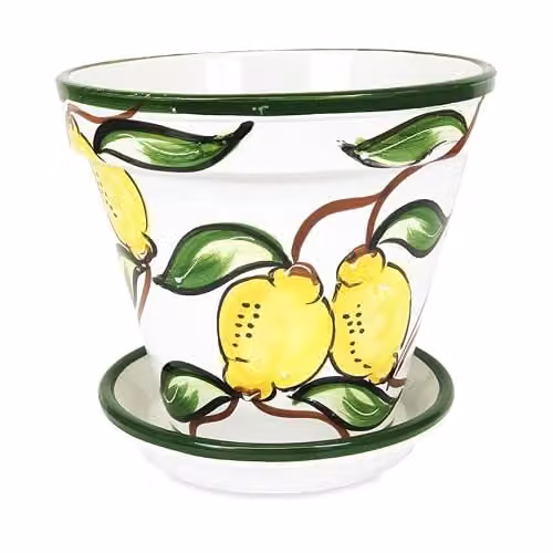 Verano Spanish Ceramics Hand Painted Lemon Pattern Terracotta Plant Pots with Drainage Plates, Set of 3, W/D/H: 16 x 14 x 23 cm, 22 x 23 x 22 cm, 29 x 27 x 29 cm – 3