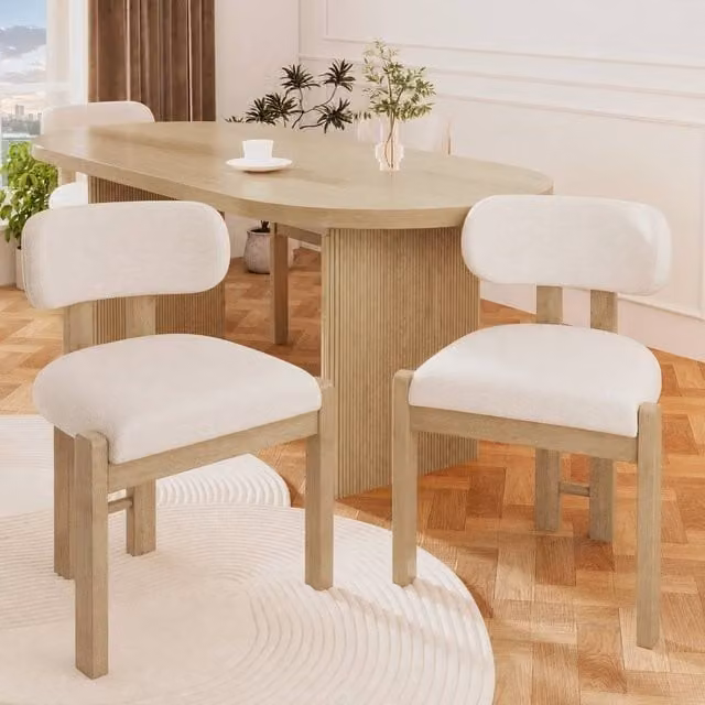 Rolipo Set of 4 Scandinavian Style Solid Wood Dining Chairs in Beige Boucle with Natural Finish – 1