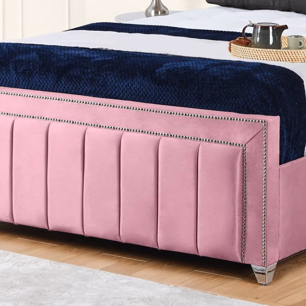 UK Bed Furniture Fiona Pink Velvet Upholstered Slatted Base Bed, W/D/H: 140 x 200 cm – 3