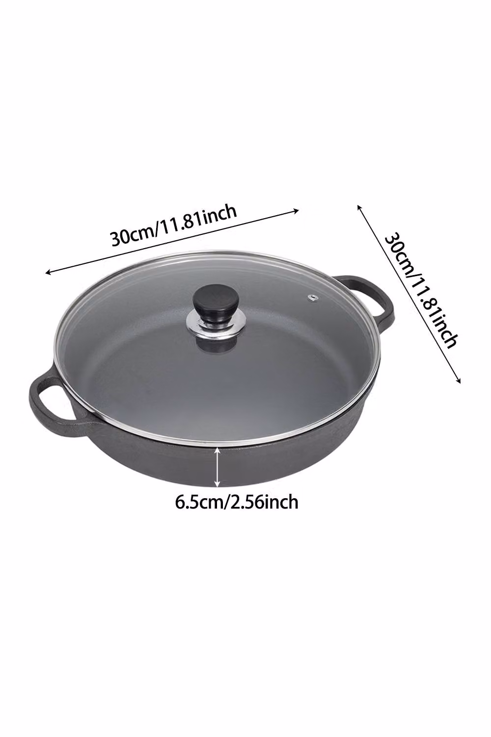 Garden Sanctuary Pre-Seasoned Round Cast Iron Braiser Pan with Glass Lid, Black, Diameter: 30.0 cm – 4