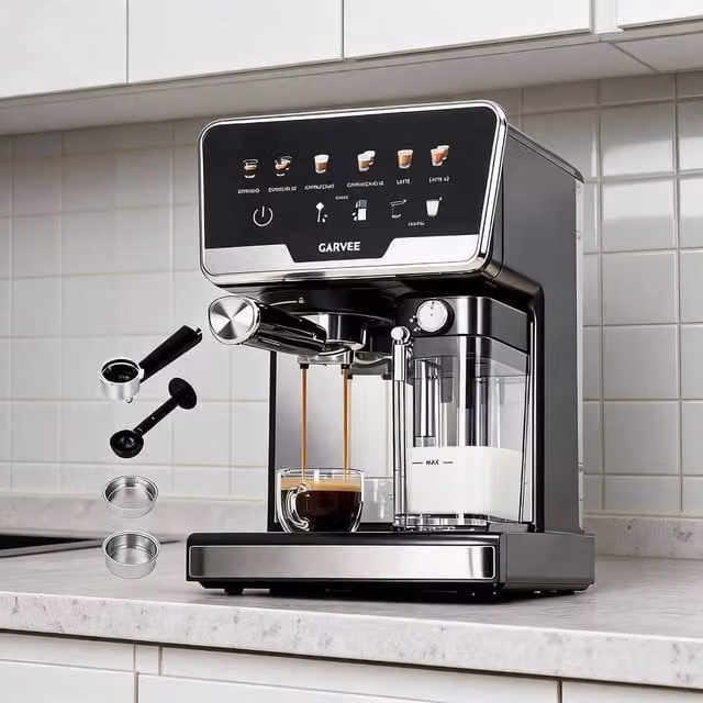 London Boutique Black Espresso Machine with Integrated Milk Frother, 20 Bar, 1450W – 1