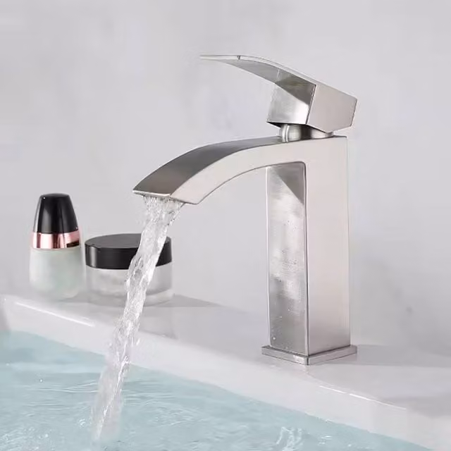 FORGEVIO Waterfall Bathroom Basin Mixer Tap in Chrome Metallic Silver with Pop-Up Waste