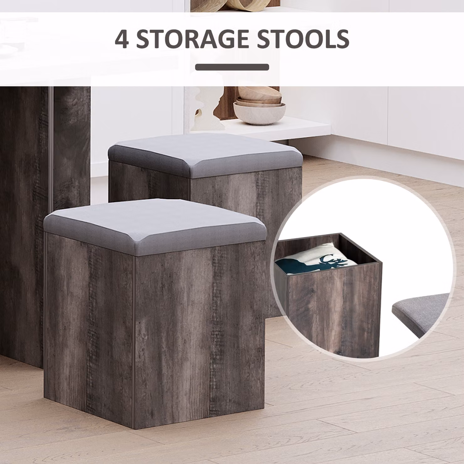 HOMCOM 5 Piece Wooden Garden Dining Set with Table and 4 Grey Storage Stool Ottomans – 6