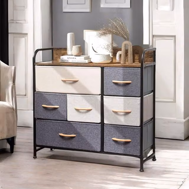 FURNOS 7 Drawer Fabric Bedroom Dresser Storage Organiser in Brown