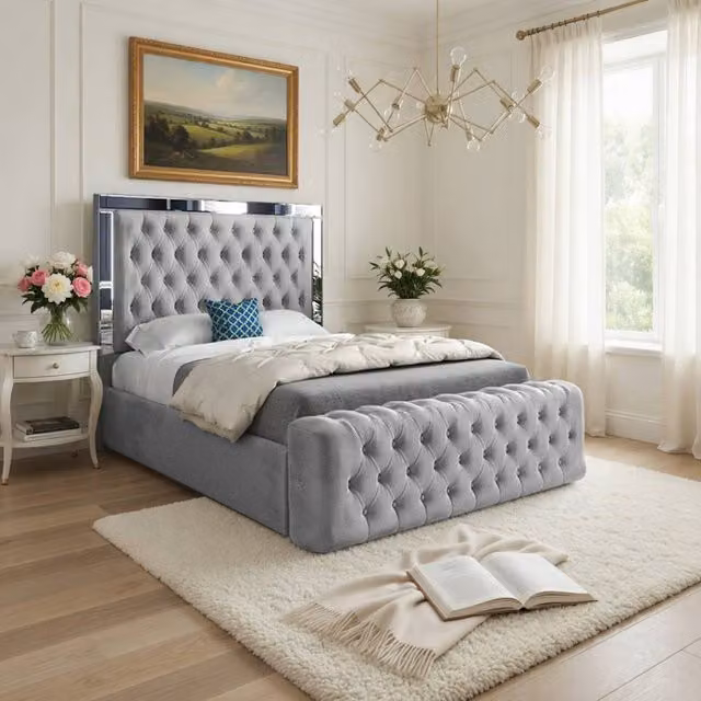 Casani Ludgershall Mirror Upholstered Grey Velvet Designer Bed Frame, W/D/H: 120 x 200 cm – 1