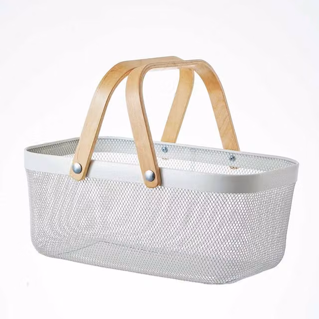 Eden & Willow White Mesh Metal Storage Basket with Wooden Handles