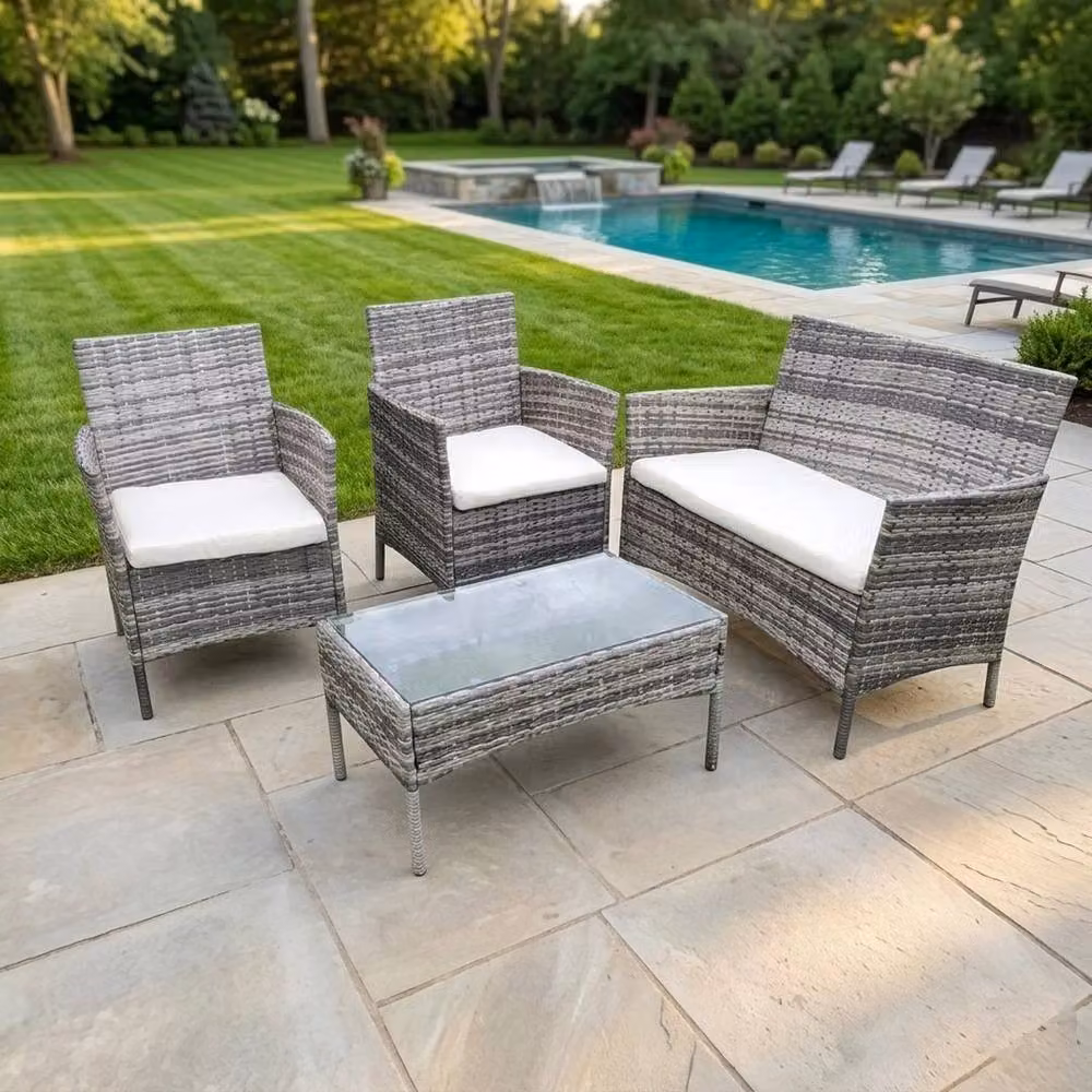 FLAVORA 4 Piece Grey Rattan Garden Furniture Set with Table and Chairs – 2