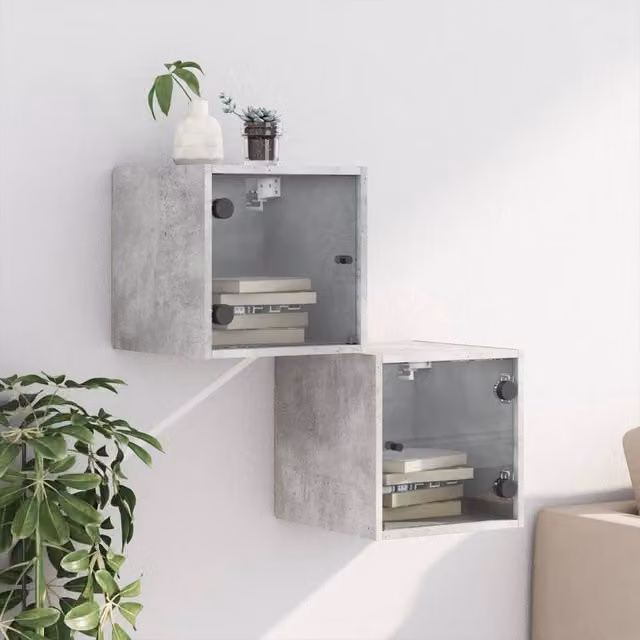 Berkfield Home Elegant Bedside Cabinets with Glass Doors, 2 Pack, Concrete Grey, W/D/H: 35 x 20 x 37 cm – 1
