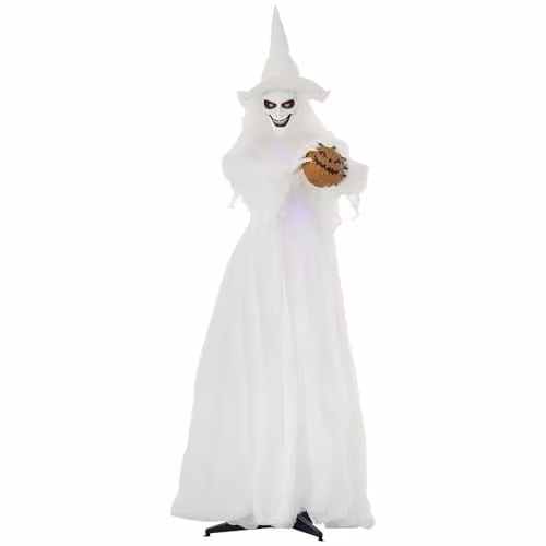 Outsunny 74 Inch White Witch Halloween Decoration with Light Up Eyes and Body holding a Pumpkin Head