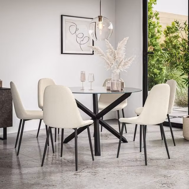 More4Homes Malvern Round Dining Table and 6 Maya Boucle Chairs Set, Clear Glass Top with Solid Oak Black Legs and Ivory Chairs, W: 120 cm, H: 75 cm