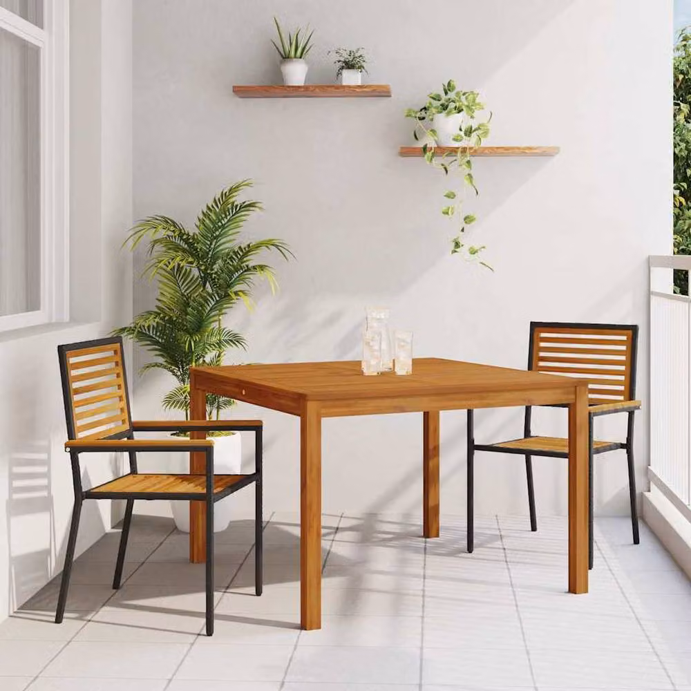 Berkfield Home 3 Piece Black Poly Rattan and Acacia Wood Garden Dining Set – 2