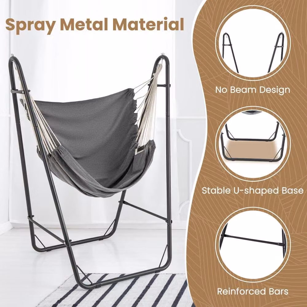 Gymax Hammock Swing Chair with Metal Stand and Side Pocket in Grey – 3