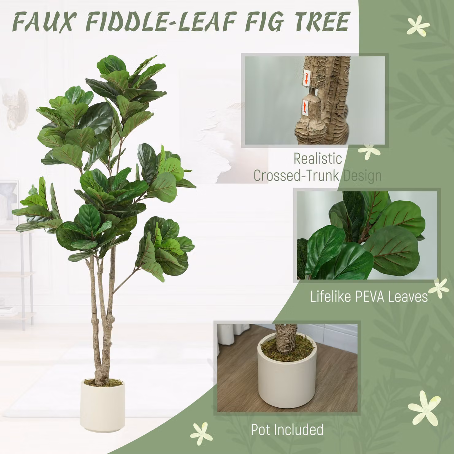 HOMCOM 180cm Artificial Fiddle Leaf Fig Tree in Green and White – 3