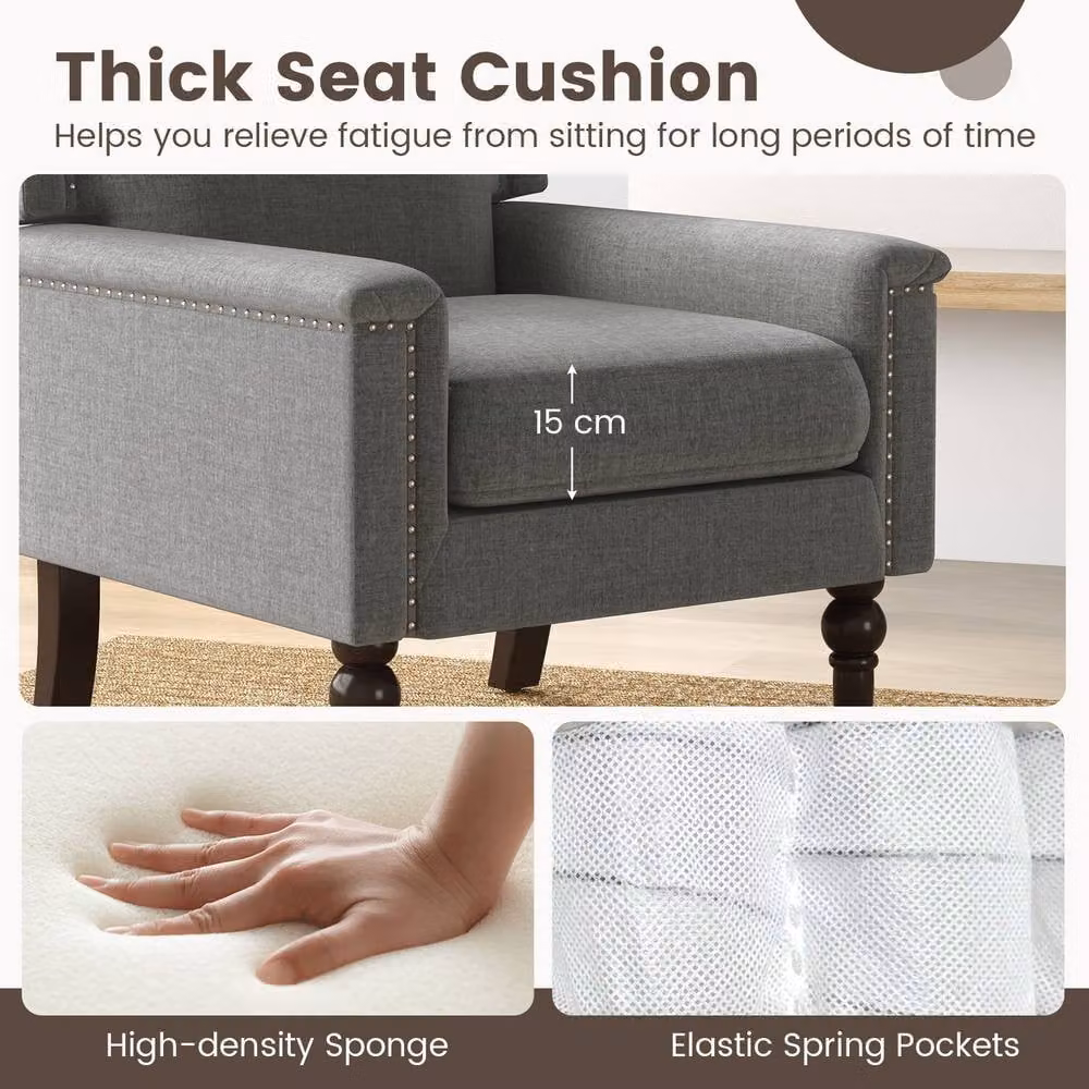 Gymax Set of 2 Grey Linen Upholstered Living Room Tub Chairs with Armrests – 6