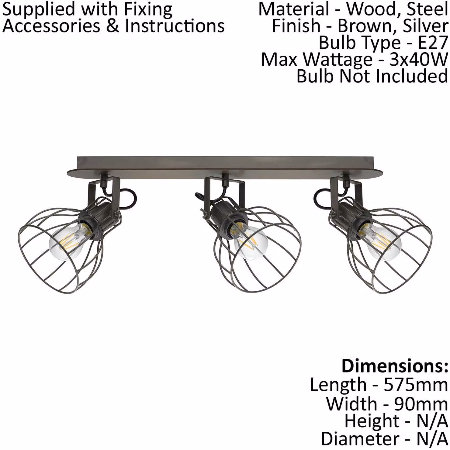 Loops Industrial Rustic Metal and Wood Ceiling Spot Light with 2 Matching Wall Lights in Brown, Silver or Black – 2