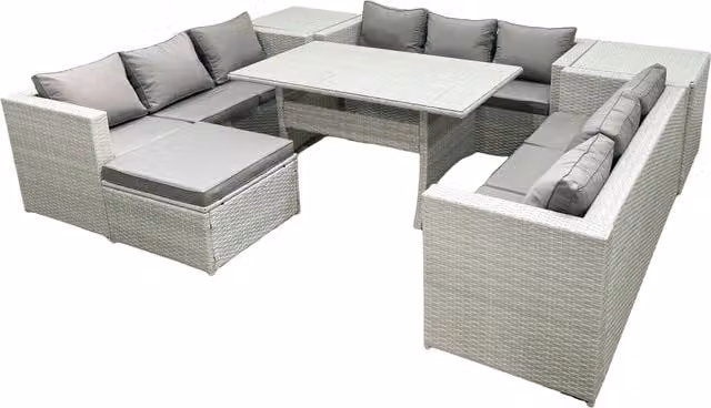 Fimous 10 Seater Rattan Garden Furniture Set with Rectangular Dining Table, Large Footstool and 2 Side Tables in Light Grey